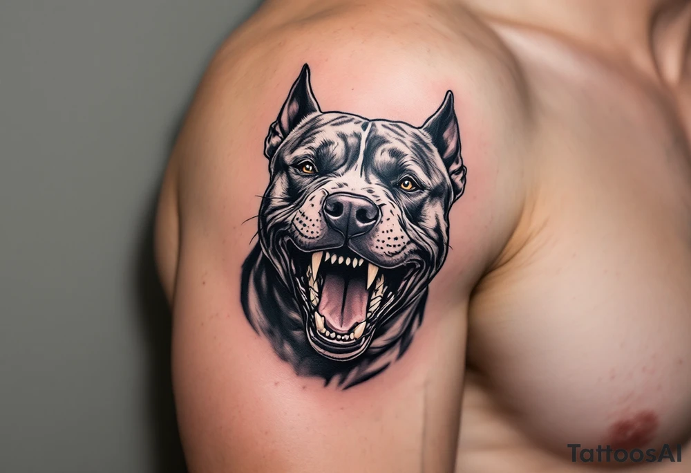 Realistic pitbull mid-snarl, in black and white with high contrast shading, mouth open, teeth bared, symbolizing power and protection. tattoo idea