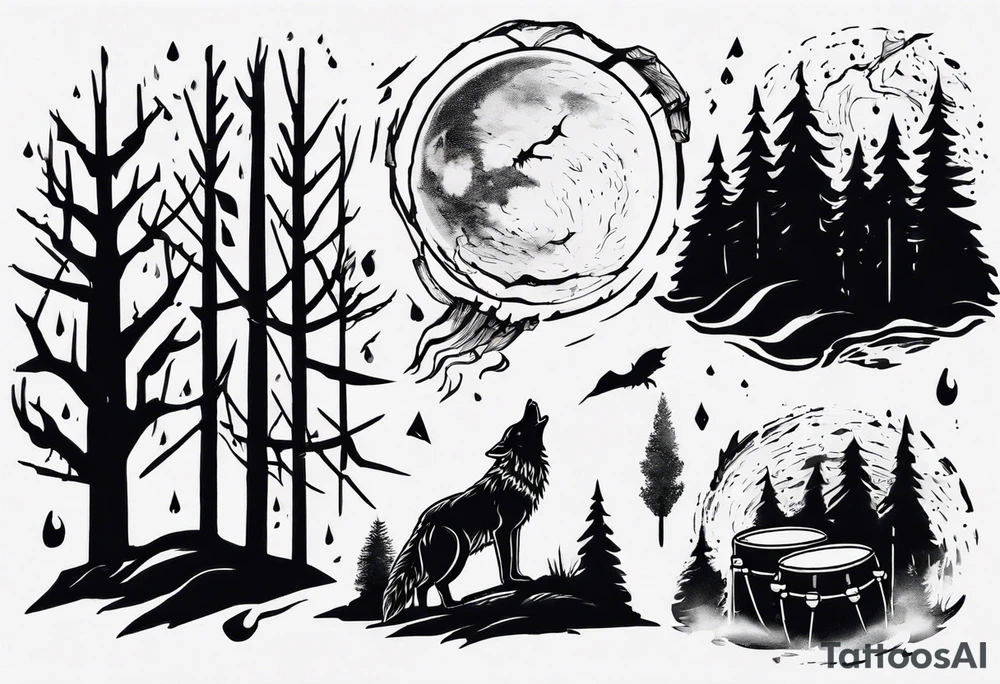 thunderstorm over a forest with a wolf howling on drums tattoo idea