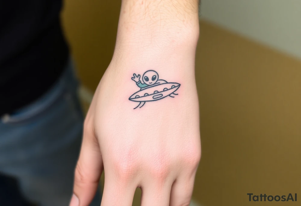 Small UFO ship with a waving alien 👽 tattoo idea