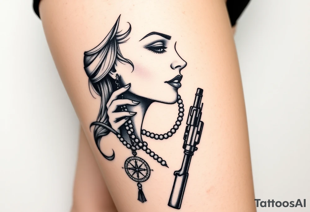 Profile of woman with messy face, hand on chin, pearls hanging from mouth , compass and gun near by tattoo idea