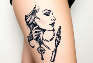 Profile of woman with messy face, hand on chin, pearls hanging from mouth , compass and gun near by tattoo idea