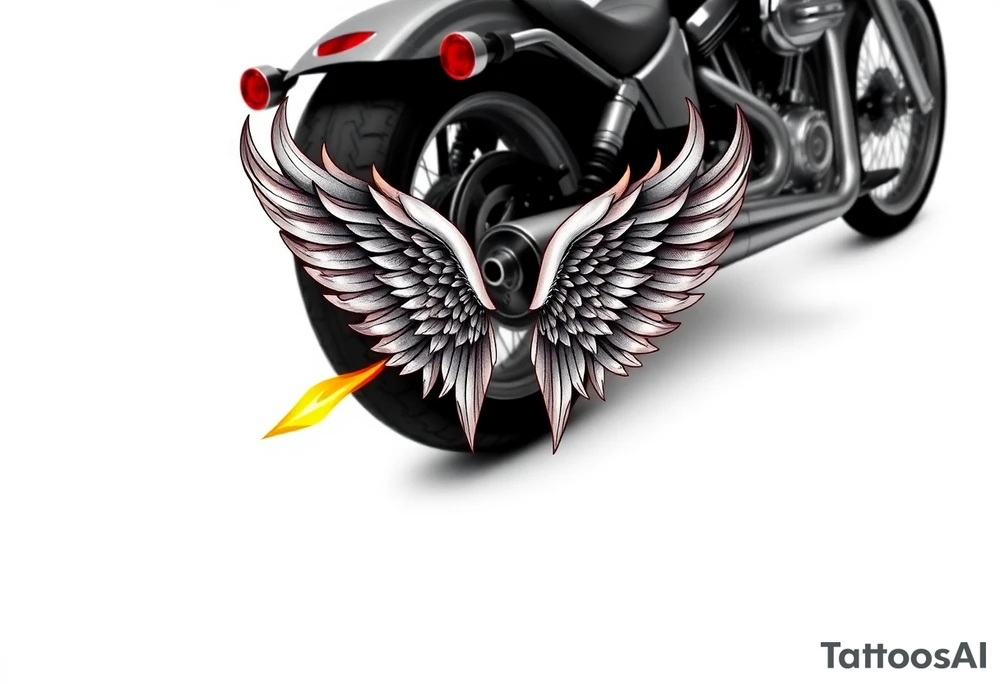 Low rider grey motorcycle, big muffler pipes with flames, angel wings tattoo idea