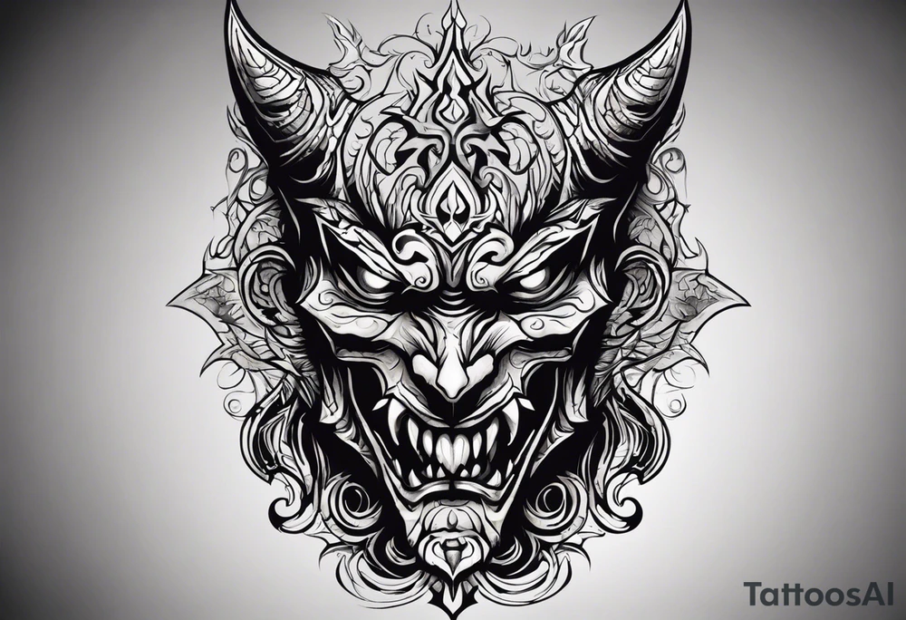 Create a dark tattoo design. The tattoo appears to be a detailed, realistic illustration of a sinister, demonic face. The face has intense features, including large, menacing eyes, a sharp, pointed nose, and a mouth filled with sharp, jagged teeth. He sticks out his long tongue. The design incorporates deep shadows and highlights, giving it a three-dimensional, almost lifelike appearance. Overall, the tattoo creates a haunting and powerful visual effect. tattoo idea