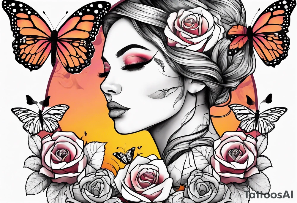 Sunset, rose, butterflies, dragonflies, woman face tattoo idea