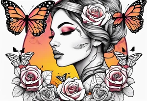 Sunset, rose, butterflies, dragonflies, woman face tattoo idea