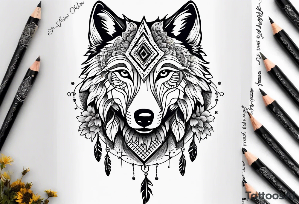 A whimsical wolf tattoo featuring mandala or dream catcher elements, with the wolf as the central focus, surrounded by mountains in the background. Include flowers and nature elements to fill the space around the wolf. Some color but not completely solid bold color tattoo idea