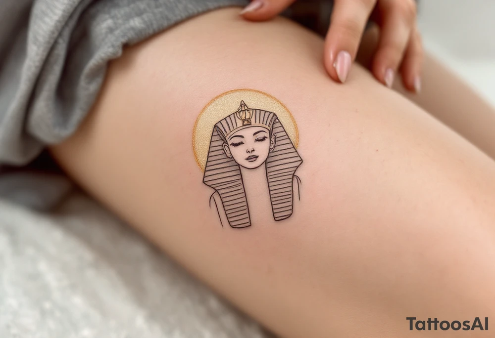 A majestic Sphinx outline in warm gray, positioned below a faded gold sun, sitting on the thigh as a guardian. tattoo idea