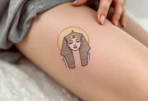 A majestic Sphinx outline in warm gray, positioned below a faded gold sun, sitting on the thigh as a guardian. tattoo idea