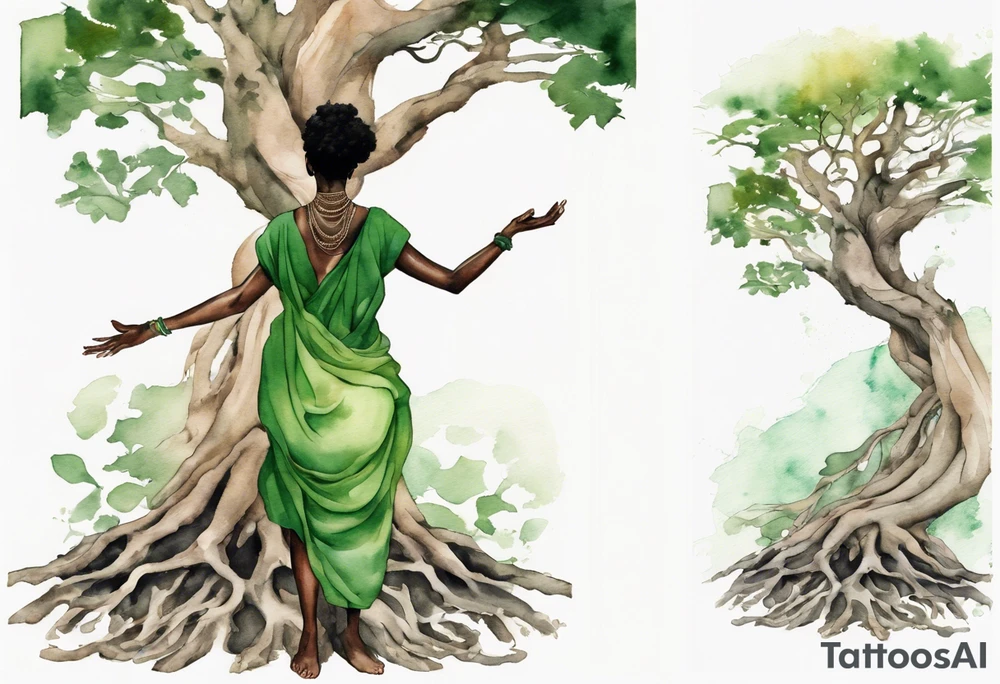a tree trunk with roots that is a black woman from the waist up, feet made of tree roots, wearing a green tunic, arms stretched upwards towards the noon sun tattoo idea