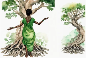 a tree trunk with roots that is a black woman from the waist up, feet made of tree roots, wearing a green tunic, arms stretched upwards towards the noon sun tattoo idea