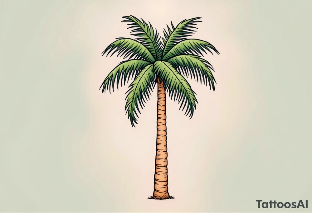 A tall, slender palm tree with a textured sandy-brown trunk and wide, vibrant green fronds gently arching outward. tattoo idea