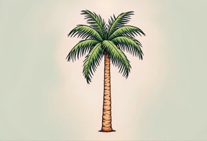 A tall, slender palm tree with a textured sandy-brown trunk and wide, vibrant green fronds gently arching outward. tattoo idea