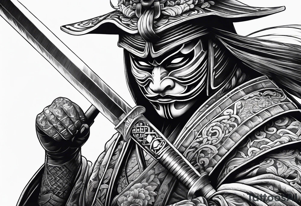 Masked Samurai holding a sword tattoo idea