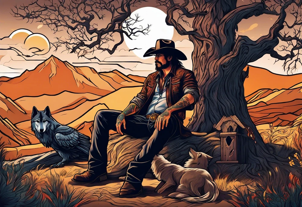 cowboy near death
 sitting in front of a fire with the tree of life behind him and a wolf and a raven tattoo idea