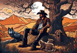 cowboy near death
 sitting in front of a fire with the tree of life behind him and a wolf and a raven tattoo idea