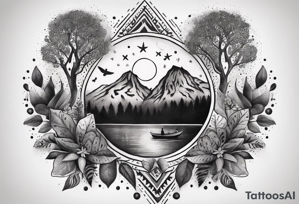 Mexican American inspired that incorporates being a father,  love for family and importance of building wealth. Include elements of the Pacific Northwest Forrest on shoulder tattoo idea