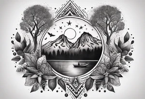 Mexican American inspired that incorporates being a father,  love for family and importance of building wealth. Include elements of the Pacific Northwest Forrest on shoulder tattoo idea