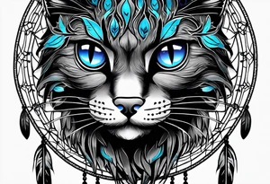 Black cat entwined in a elegant dream catcher that has flowers an long flowing feathers on dream catcher. Black cat eyes in neon blue an small neon blue detail in catcher tattoo idea