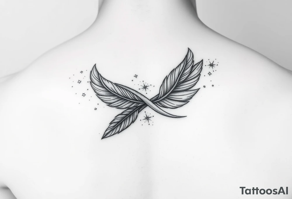 infinity symbol woven with floating feathers and stardust tattoo idea