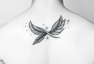 infinity symbol woven with floating feathers and stardust tattoo idea