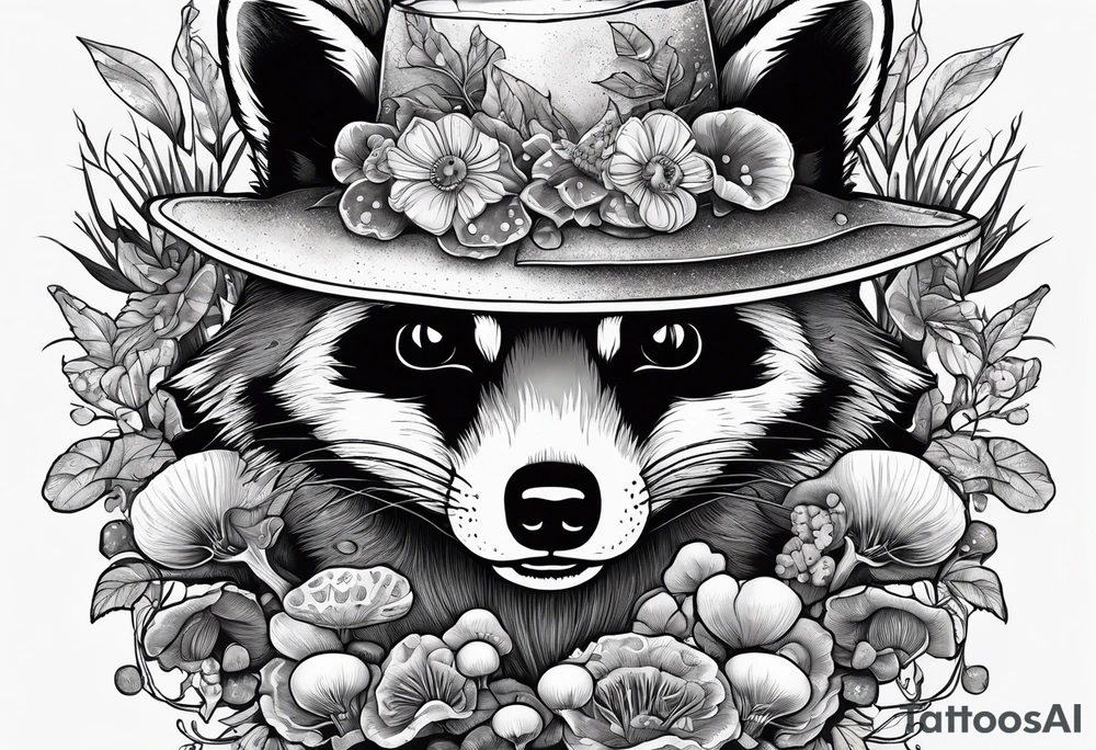 ILLUSTRATIVE FINE LINE RACCOON SKULL WITH MUSHROOMS GROWING OUT OF IT tattoo idea