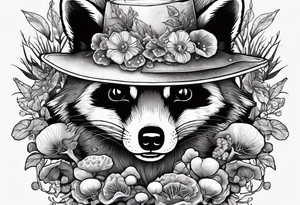 ILLUSTRATIVE FINE LINE RACCOON SKULL WITH MUSHROOMS GROWING OUT OF IT tattoo idea