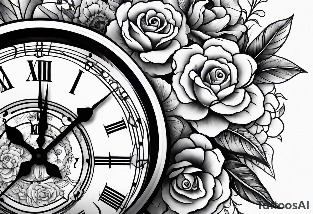 Flowers and clock tattoo idea