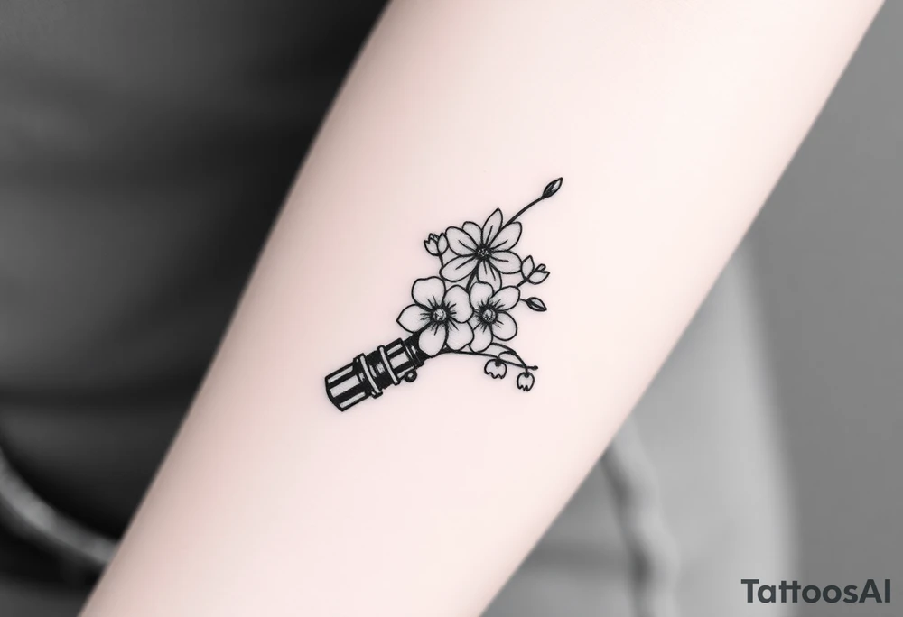 Star Wars Lightsaber handle with a daisy, morning glory, and lily of the valley in it tattoo idea