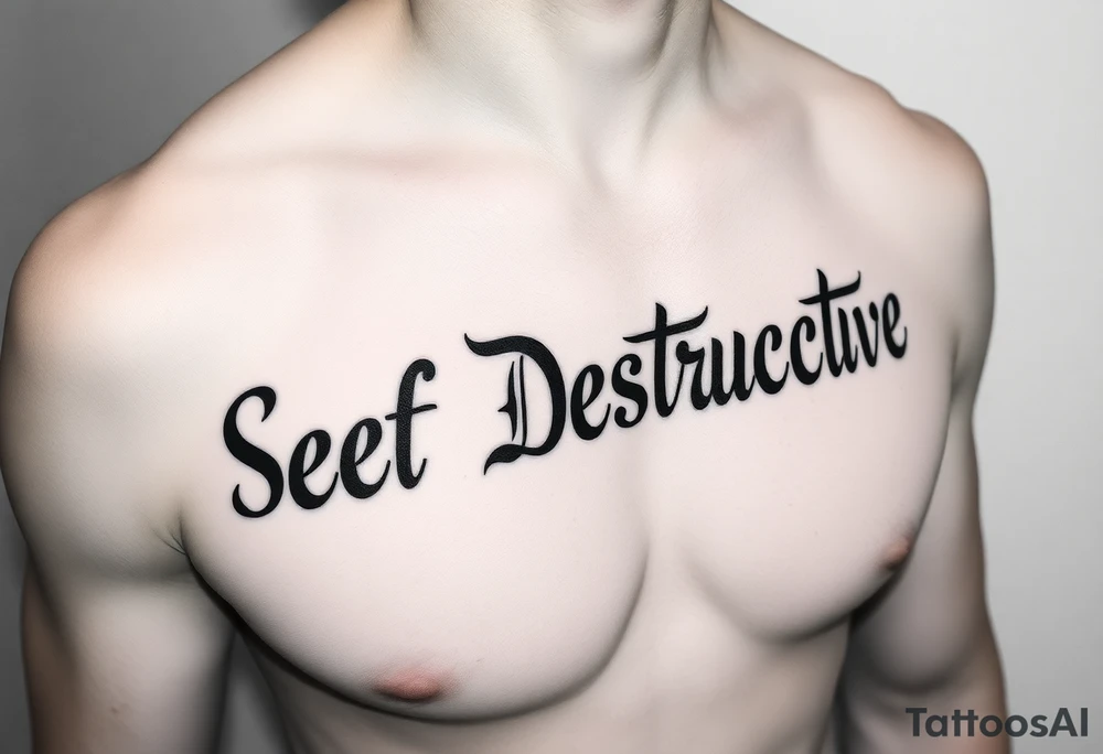 Outline of the words “Self Destructive” in a bold and thick gothic black letter cursive/ curly font lettering across the chest tattoo idea