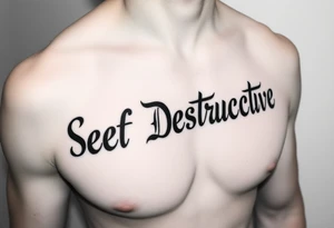 Outline of the words “Self Destructive” in a bold and thick gothic black letter cursive/ curly font lettering across the chest tattoo idea