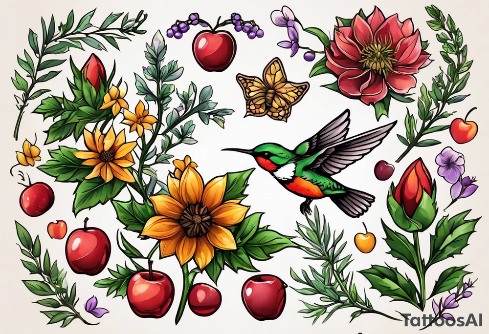 Hops, Rosemary, Thyme, Sage, Juniper, Corn, Wheat, Rose, Sunflower, Cherry blossom, Apple blossom, Honeycomb, Maple leaves, Violet/primrose, Carrot, Cherry, Apple/apple core, Acorns

Hawk, Lightbulb, Hummingbird

full sleeve tattoo idea