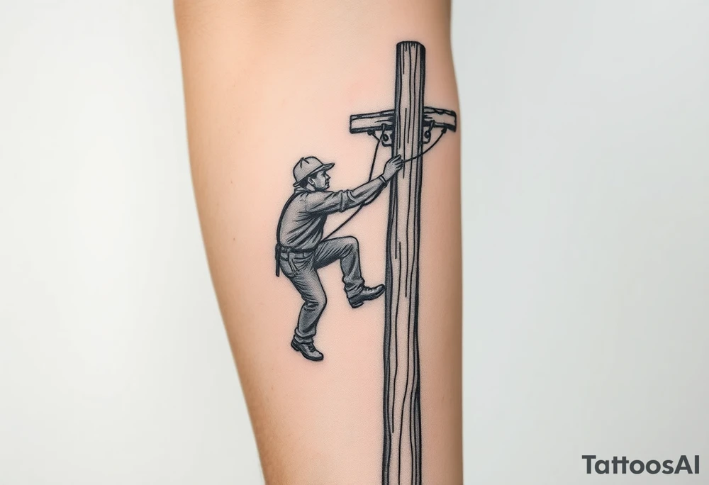 power lineman climbing a wooden 12kv pole. Make the pole a cross that has a hidden resemblance to god. tattoo idea