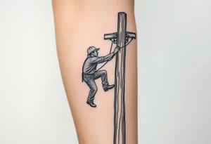 power lineman climbing a wooden 12kv pole. Make the pole a cross that has a hidden resemblance to god. tattoo idea
