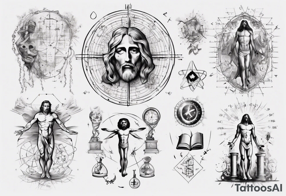 The study of human body and Jesus combined with emphasis on math and physics tattoo idea