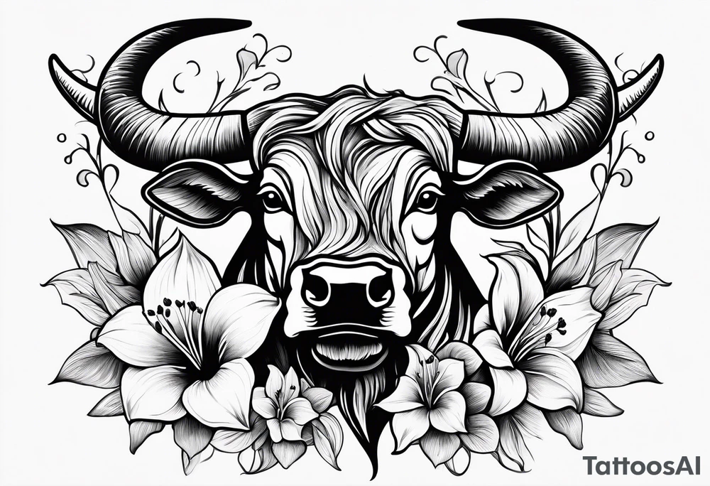 A Bulls head with lily if the valley flowers growing out of eyes tattoo idea