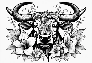 A Bulls  head with lily if the valley flowers growing out of eyes tattoo idea