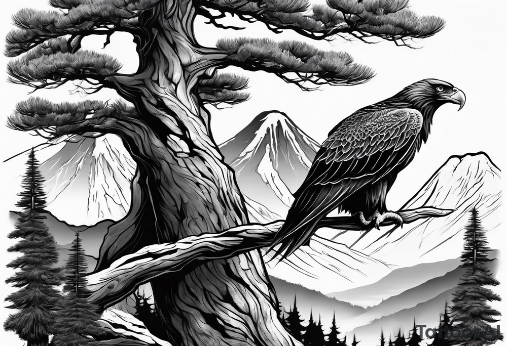 Full back tattoo ancient pine tree Forrest and giant black eagle tattoo idea