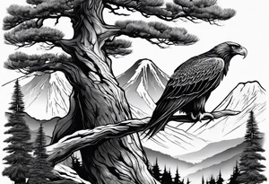Full back tattoo ancient pine tree Forrest and giant black eagle tattoo idea