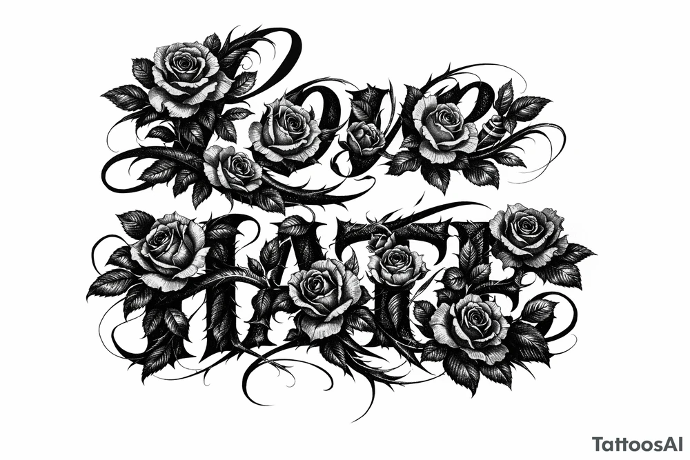 Blooming roses forming the letters of love/hate
delicate script. tattoo idea