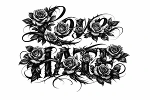Blooming roses forming the letters of love/hate
delicate script. tattoo idea