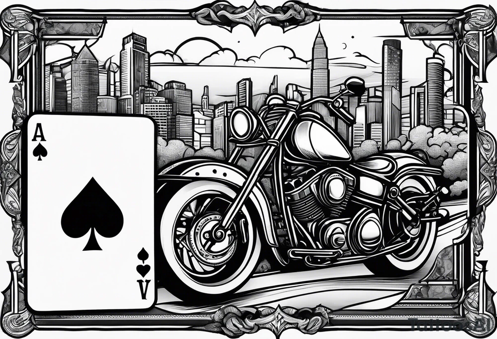 playing cards over a city with a motorcycle on the road tattoo idea