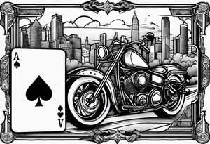 playing cards over a city with a motorcycle on the road tattoo idea