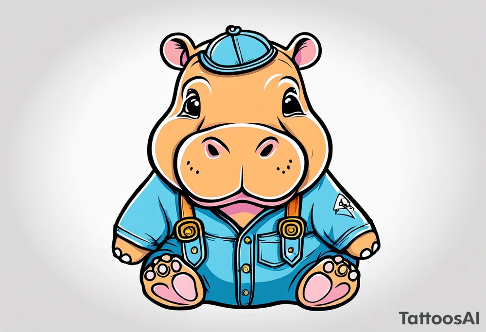 Baby hippo wearing a overalls and holding up his middle finger tattoo idea