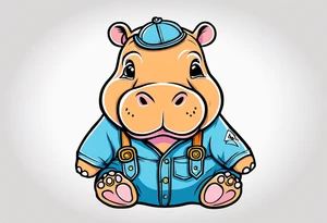 Baby hippo wearing a overalls and holding up his middle finger tattoo idea