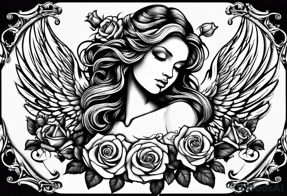 Angel, roses, name MARTINA tattoo idea