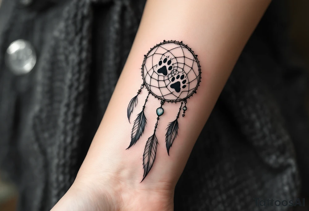 A dreamcatcher with wolf paw prints subtly incorporated into the web, representing the wolf's path and journey. The feathers dangle with small, delicate beads at the end. Black and white for the paw prints and dreamcatcher, light grey for the feathers, and accents of turquoise for the beads. tattoo idea