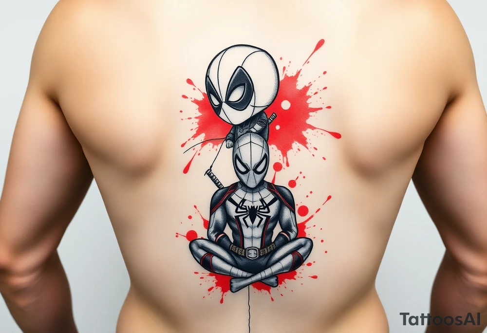 A vertical stacked tattoo design for a half-sleeve on a white background. At the top is a chibi Deadpool character in a bold ink sketch style. At the bottom is a chibi Spider-Man character sitting cross-legged in a loose pencil sketchbook style. High contrast black and grey shading. The two characters are connected by loose, energetic sketch lines and a thin spiderweb thread hanging between them. Dramatic, stylized splashes of bright, vibrant watercolor red ink splatter bursting out around both characters' suits, bleeding into the negative space. Tattoo flash sheet style, crisp linework. tattoo idea