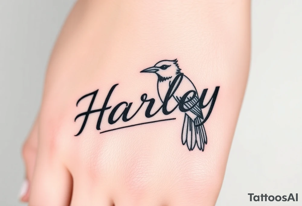 a couple names being Harley and Guy bird combined lettering meaning Harley bird tattoo idea