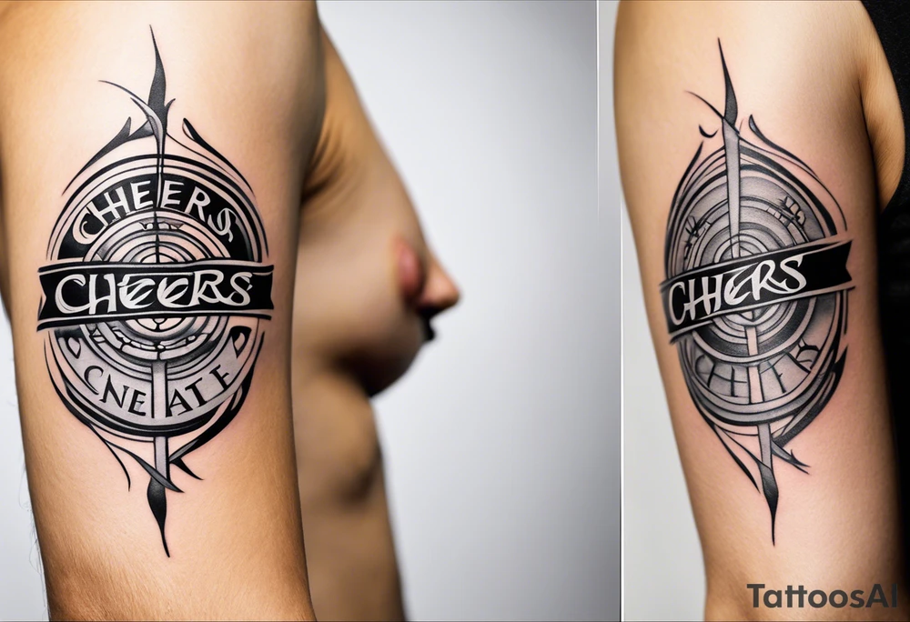 "Cheers Mate" text black and grey ink armband +Celtic +grey Cancer Ribbon +tribal +artistic tattoo idea