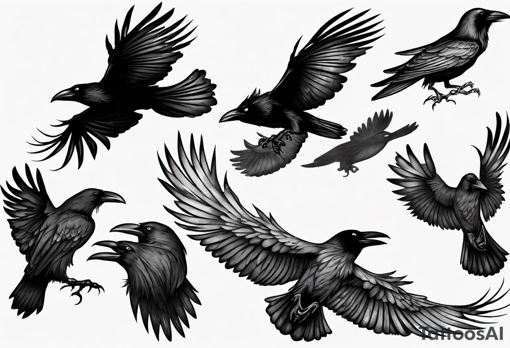 raven flying toward foreground tattoo idea
